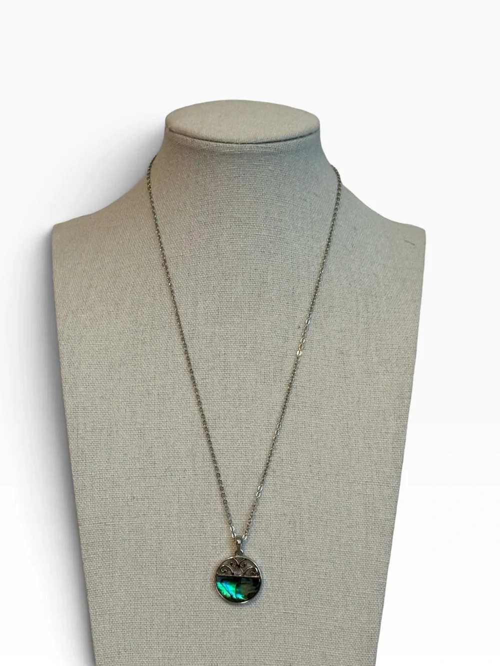 Iridescent Abalone Shell Round Filigree Scroll Pendant Necklace Silver Tone 18”